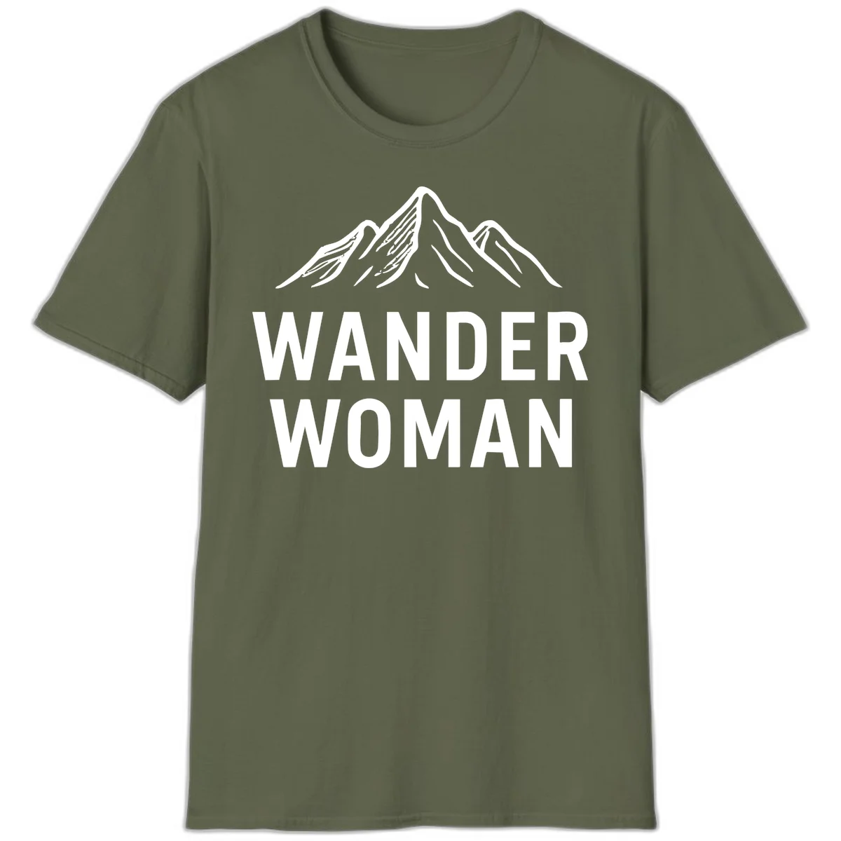Wander woman mountain design featuring minimalist snow-capped peaks in white line art on gray background in Military Green