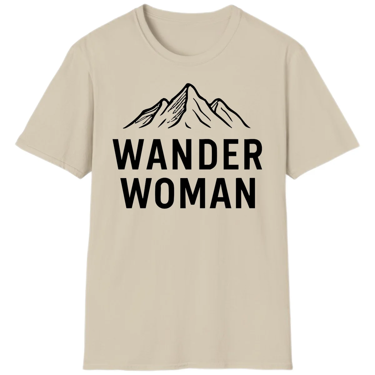 Wander woman mountain design featuring minimalist snow-capped peaks in white line art on gray background in Sand