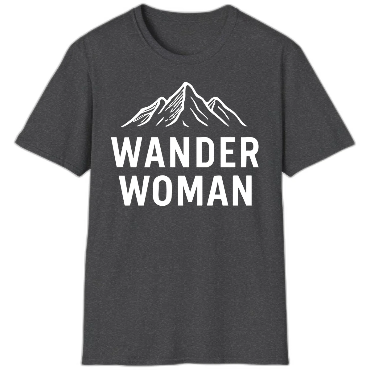 Wander woman mountain design featuring minimalist snow-capped peaks in white line art on gray background in Dark Heather