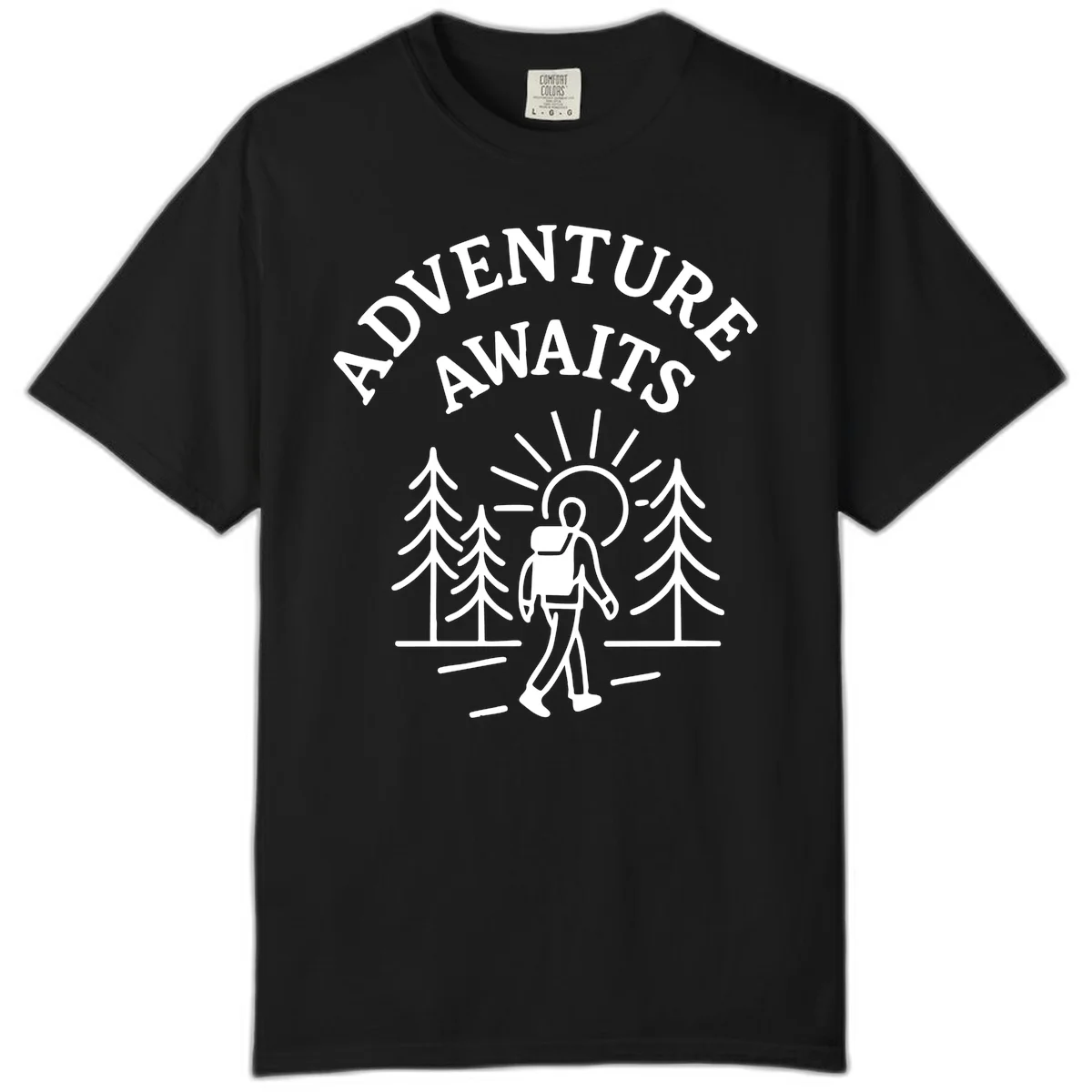 Minimalist line art of a hiker with backpack walking on a forest trail toward rising sun, with evergreen trees and 'Adventure Awaits' text. in Black