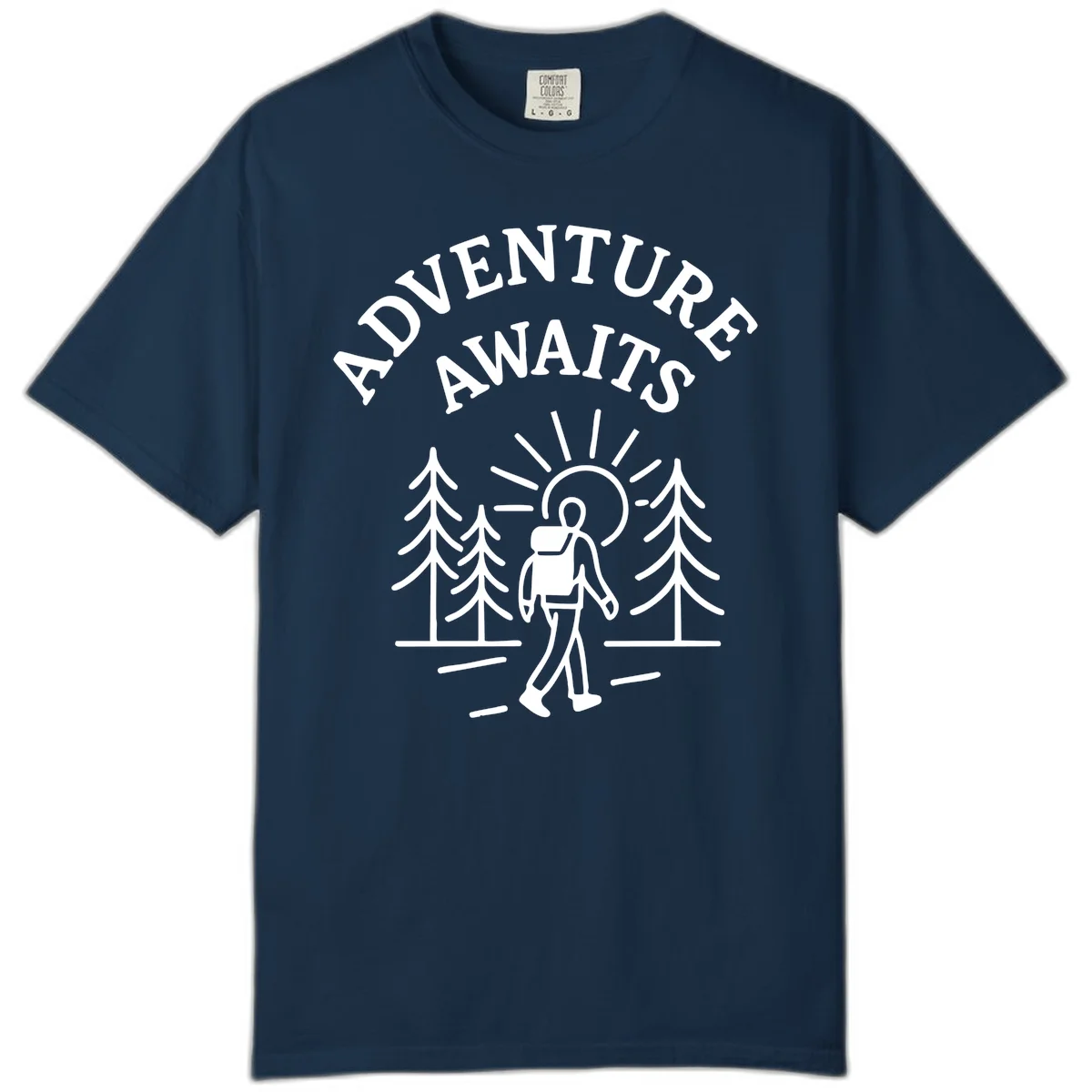 Minimalist line art of a hiker with backpack walking on a forest trail toward rising sun, with evergreen trees and 'Adventure Awaits' text. in True Navy