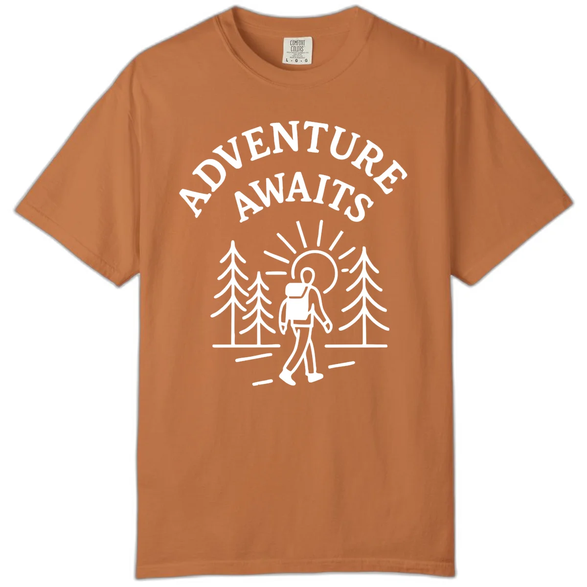 Minimalist line art of a hiker with backpack walking on a forest trail toward rising sun, with evergreen trees and 'Adventure Awaits' text. in Yam