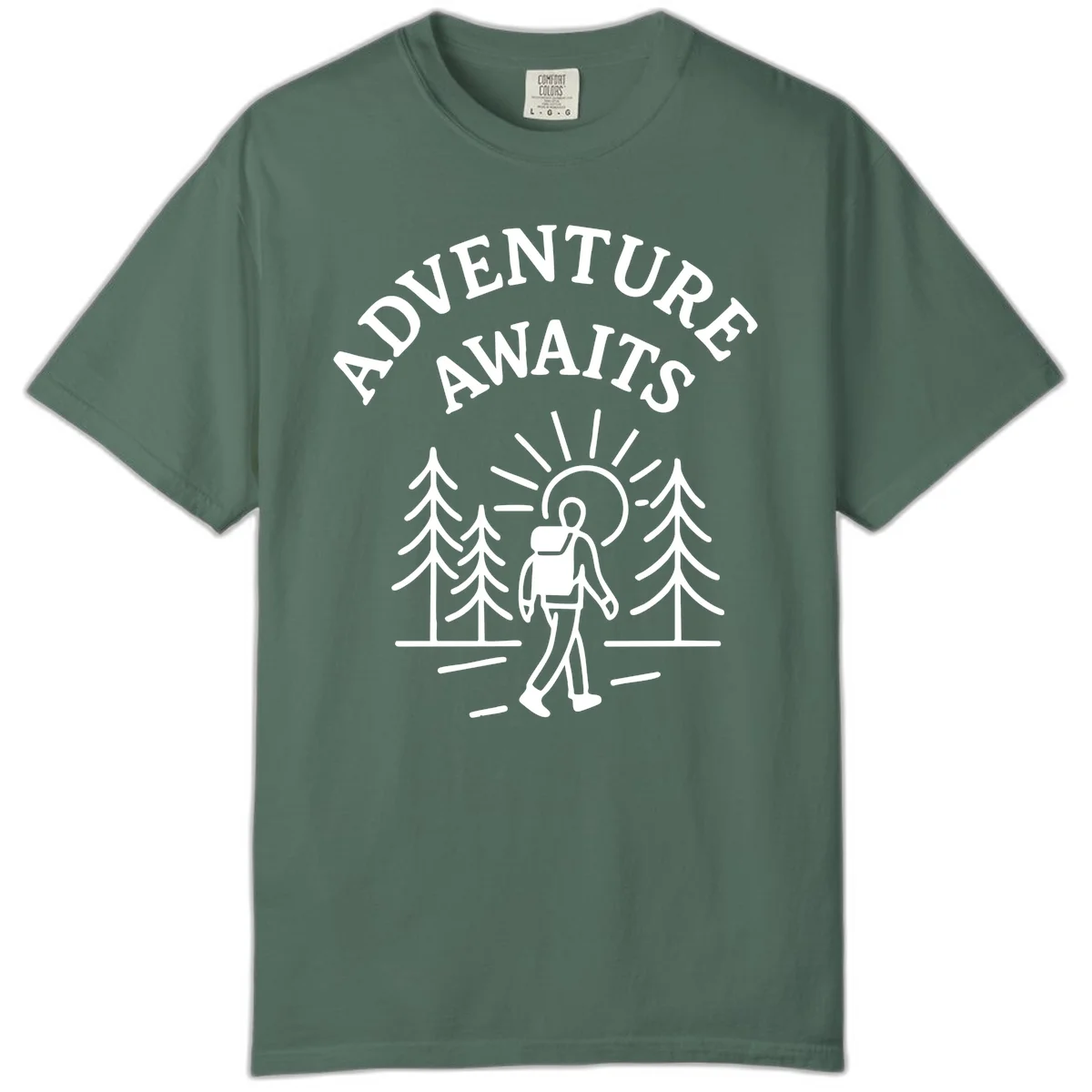 Minimalist line art of a hiker with backpack walking on a forest trail toward rising sun, with evergreen trees and 'Adventure Awaits' text. in Blue Spruce