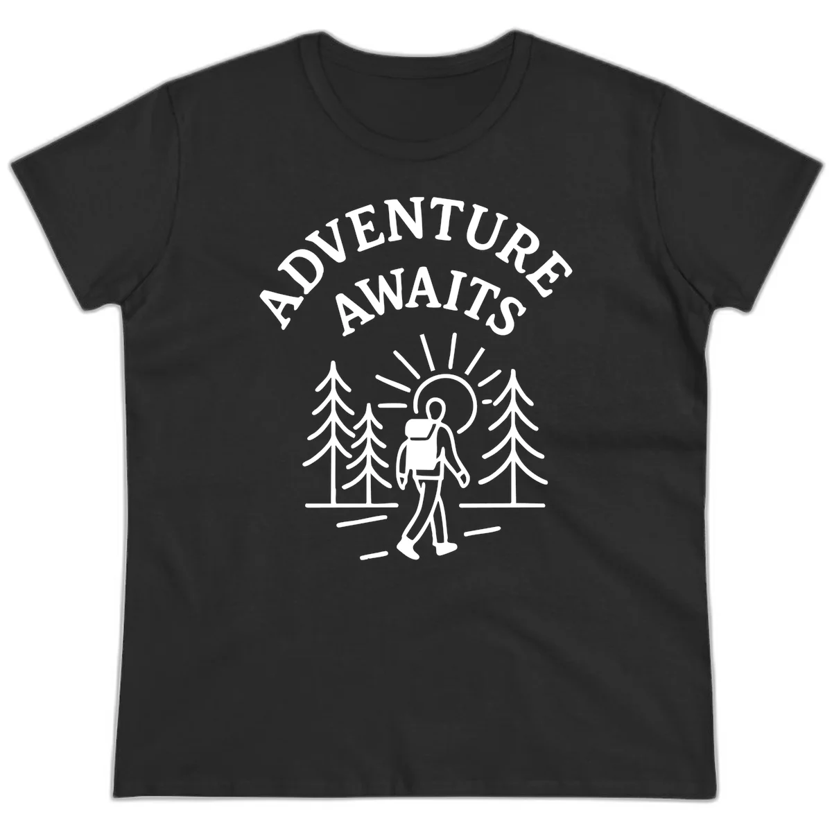 Minimalist line art of a hiker with backpack walking on a forest trail toward rising sun, with evergreen trees and 'Adventure Awaits' text. in Black