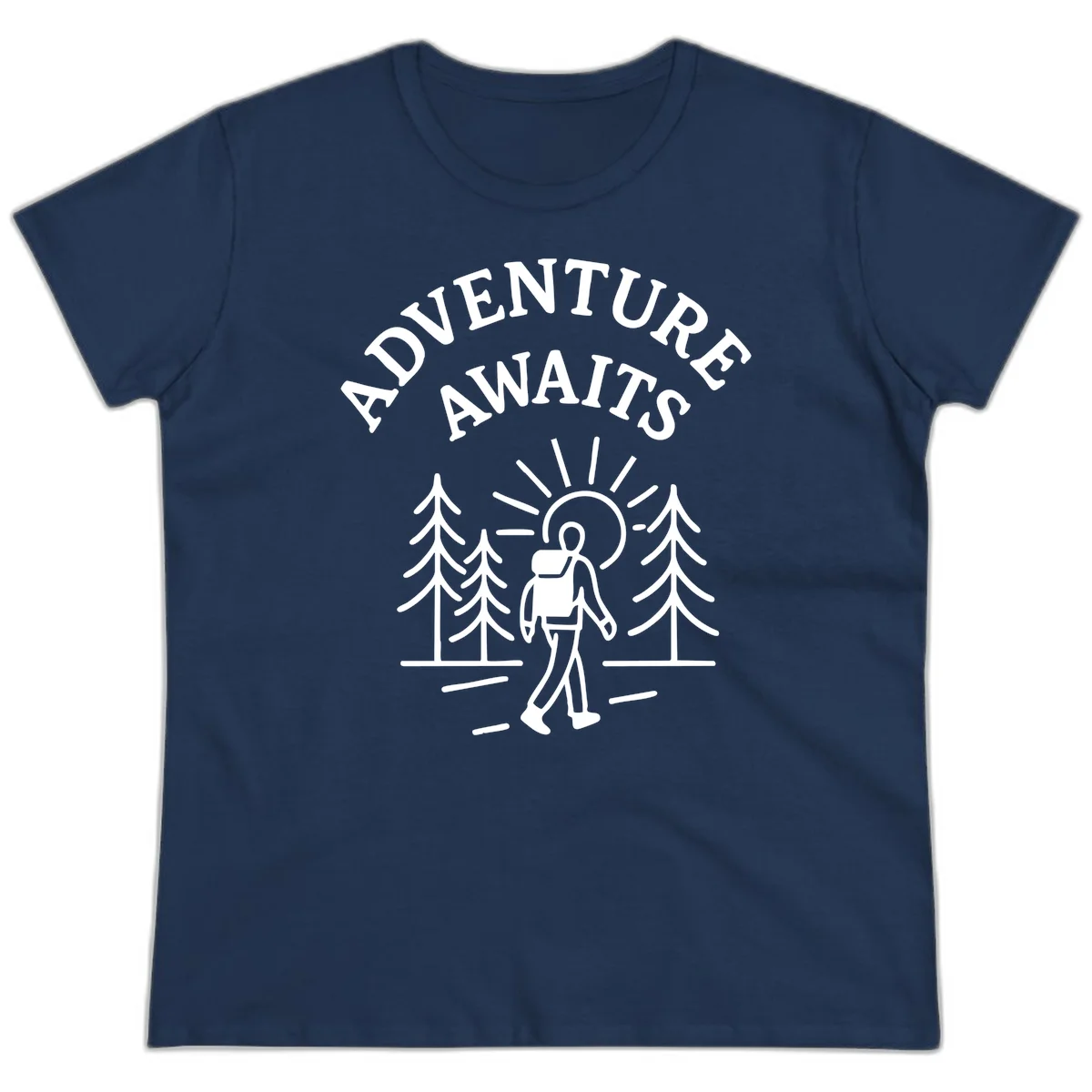 Minimalist line art of a hiker with backpack walking on a forest trail toward rising sun, with evergreen trees and 'Adventure Awaits' text. in Navy