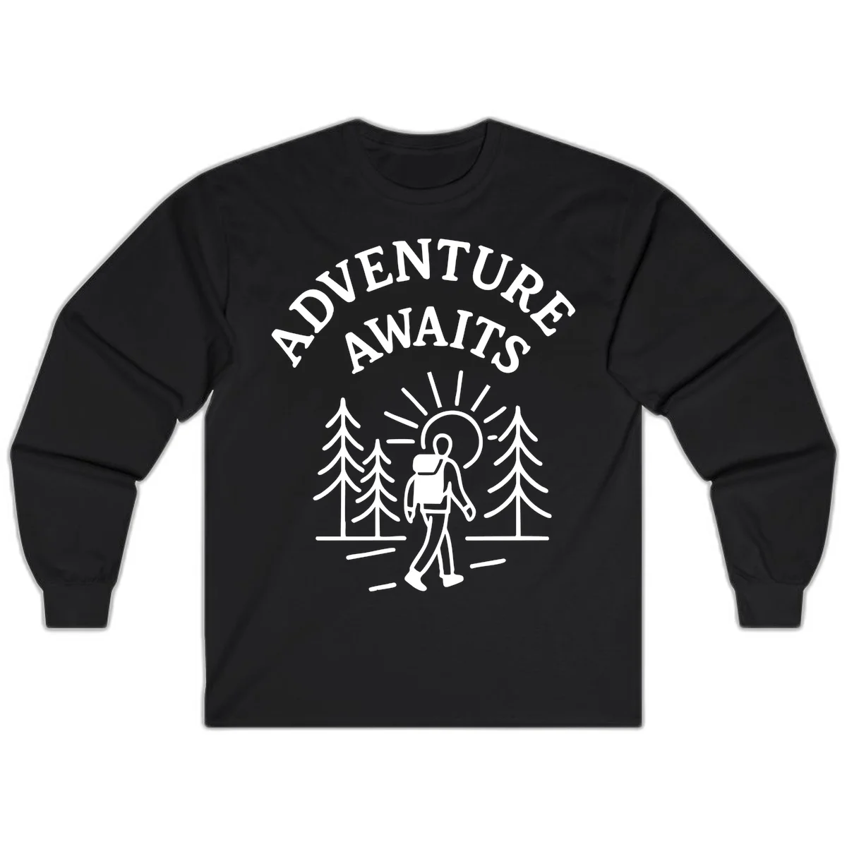 Minimalist line art of a hiker with backpack walking on a forest trail toward rising sun, with evergreen trees and 'Adventure Awaits' text. in Black