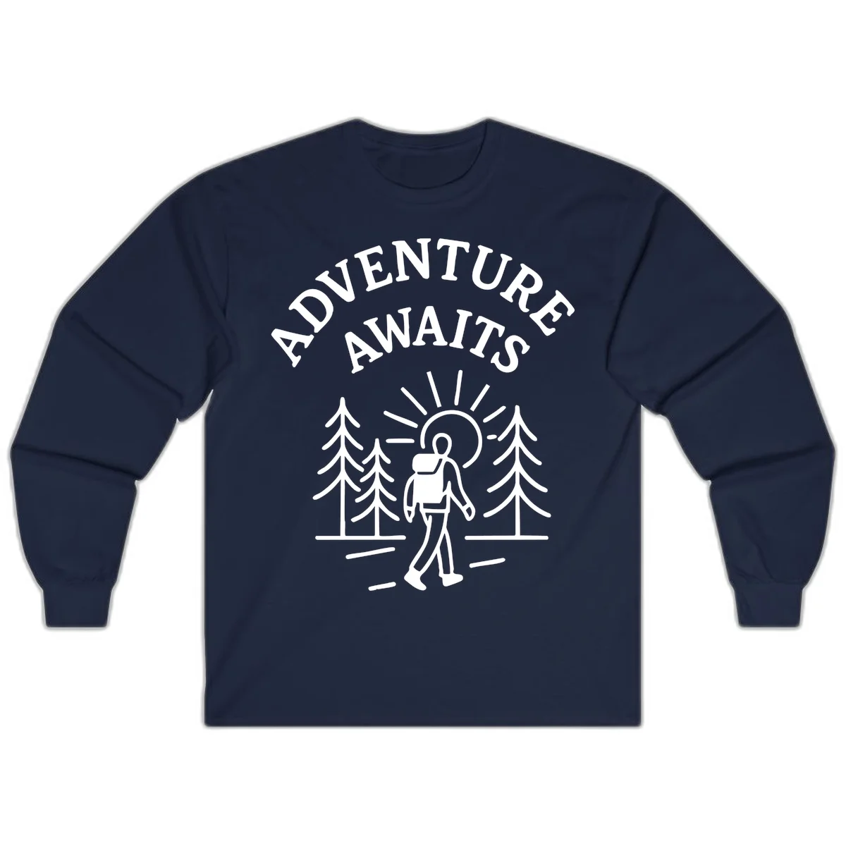 Minimalist line art of a hiker with backpack walking on a forest trail toward rising sun, with evergreen trees and 'Adventure Awaits' text. in Navy