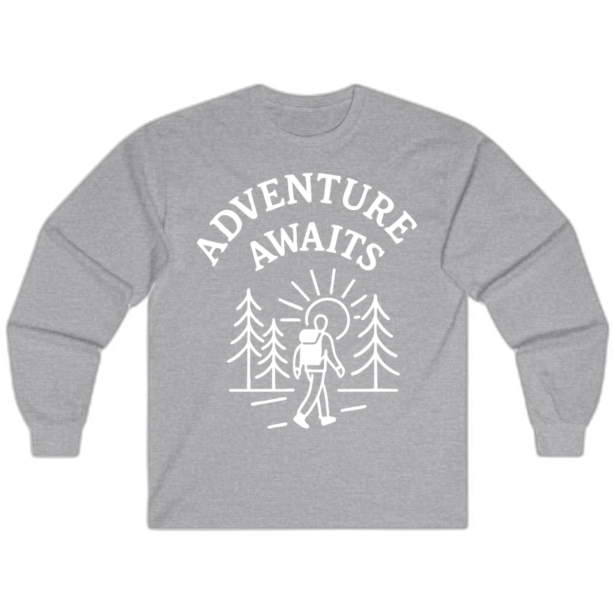 Minimalist line art of a hiker with backpack walking on a forest trail toward rising sun, with evergreen trees and 'Adventure Awaits' text. in Sport Grey