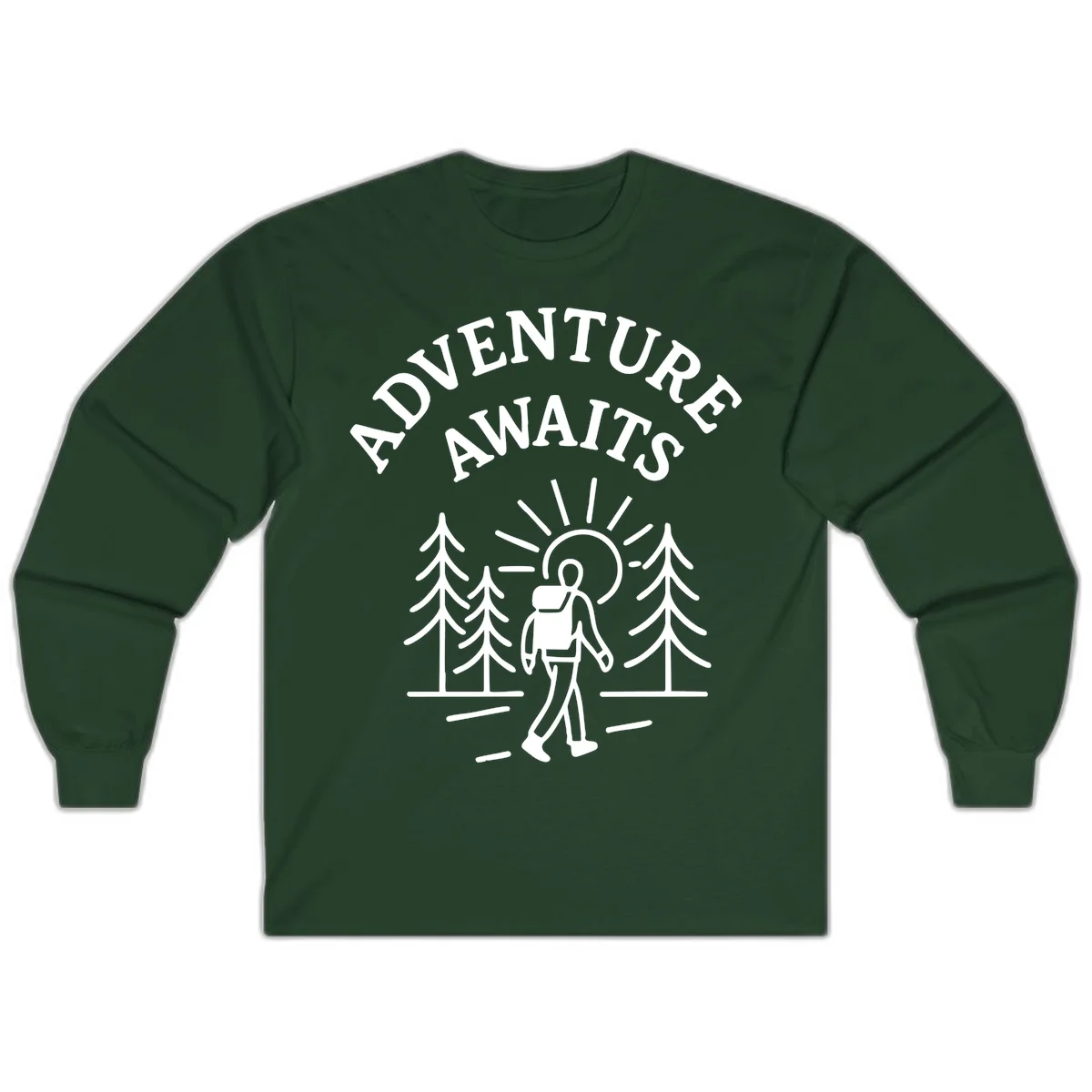 Minimalist line art of a hiker with backpack walking on a forest trail toward rising sun, with evergreen trees and 'Adventure Awaits' text. in Forest Green