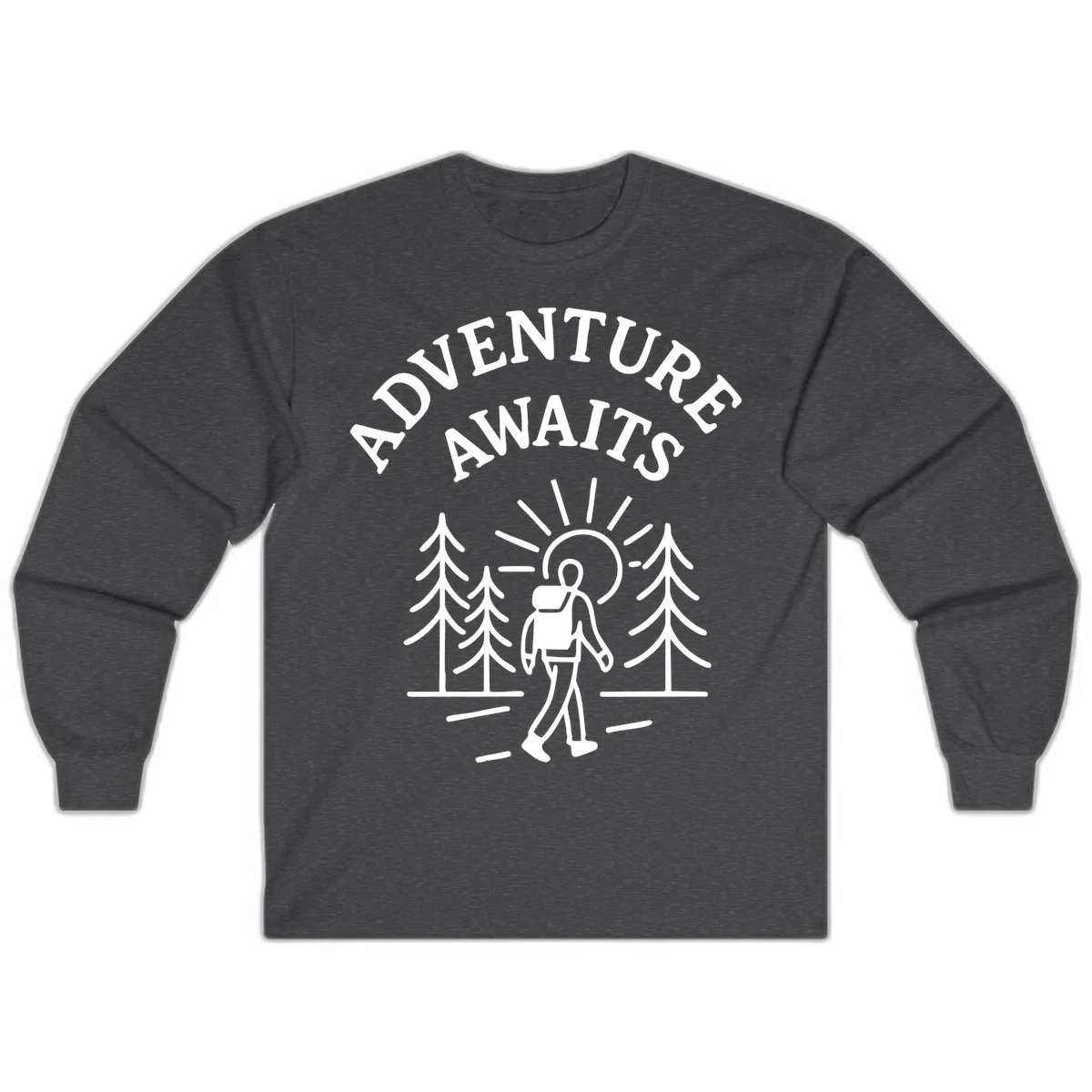 Minimalist line art of a hiker with backpack walking on a forest trail toward rising sun, with evergreen trees and 'Adventure Awaits' text. in Dark Heather