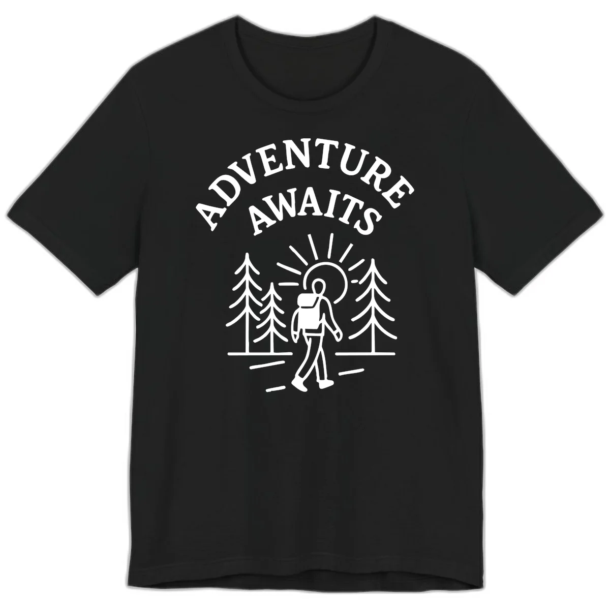 Minimalist line art of a hiker with backpack walking on a forest trail toward rising sun, with evergreen trees and 'Adventure Awaits' text. in Black