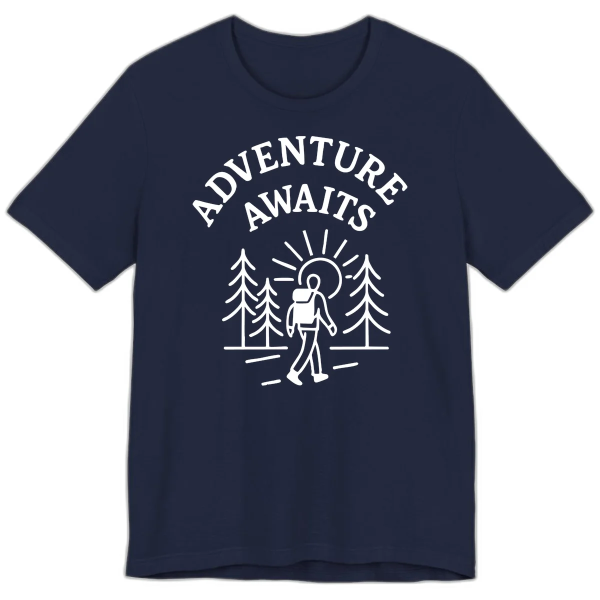 Minimalist line art of a hiker with backpack walking on a forest trail toward rising sun, with evergreen trees and 'Adventure Awaits' text. in Navy