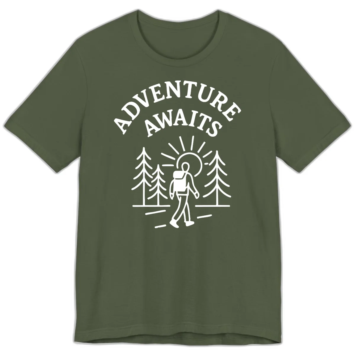 Minimalist line art of a hiker with backpack walking on a forest trail toward rising sun, with evergreen trees and 'Adventure Awaits' text. in Military Green