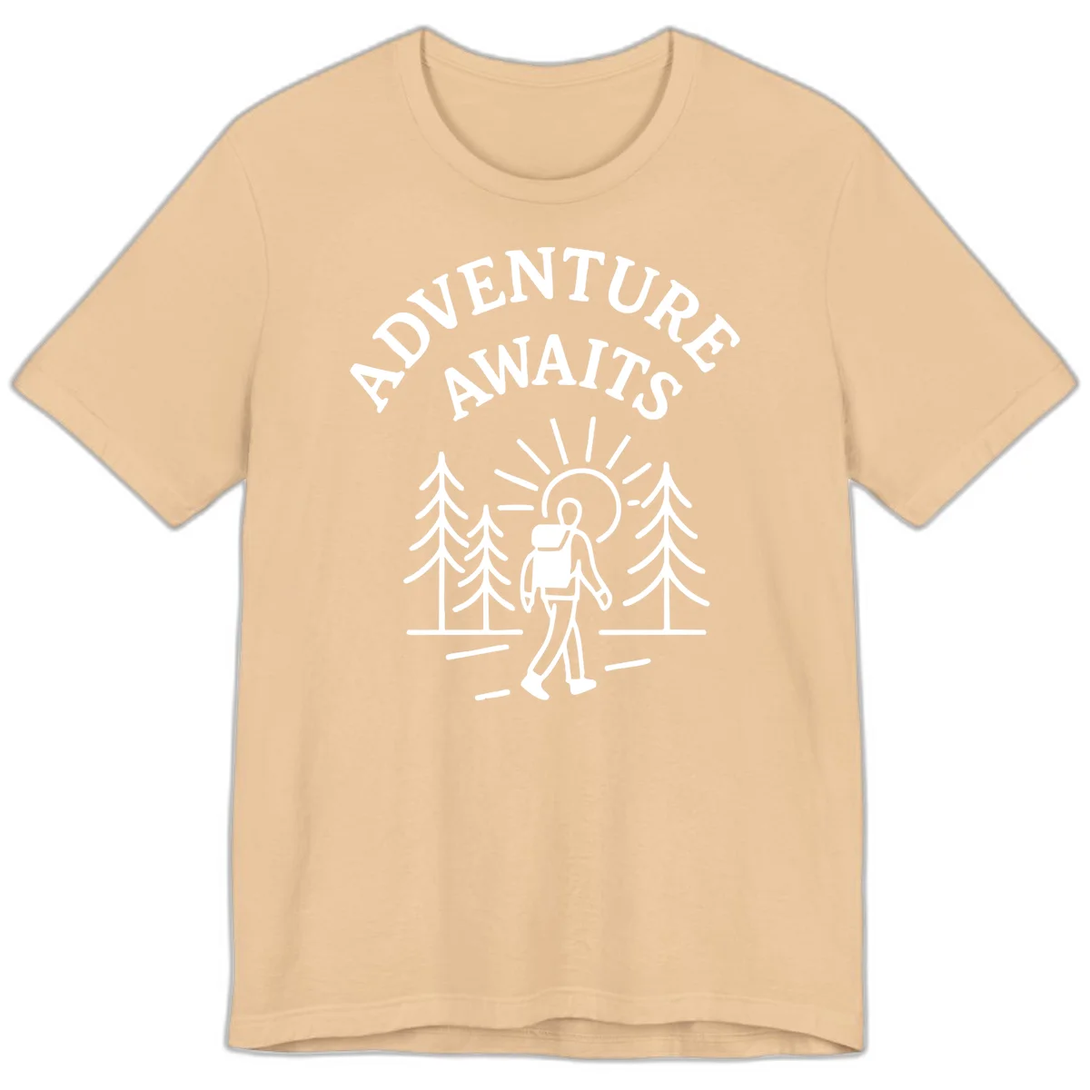 Minimalist line art of a hiker with backpack walking on a forest trail toward rising sun, with evergreen trees and 'Adventure Awaits' text. in Sand Dune