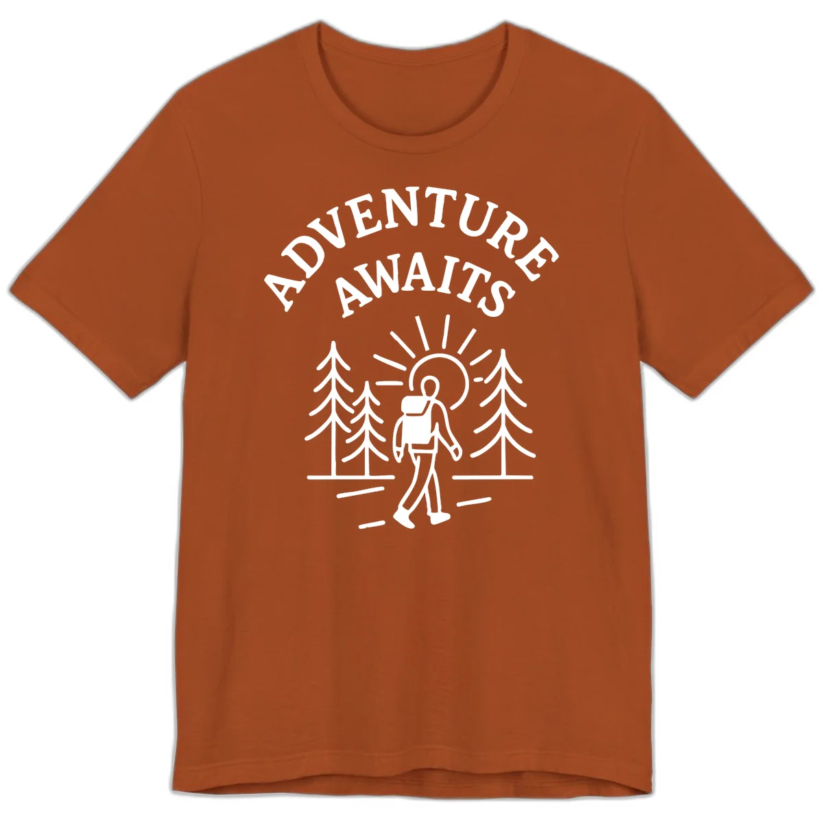 Minimalist line art of a hiker with backpack walking on a forest trail toward rising sun, with evergreen trees and 'Adventure Awaits' text. in Autumn