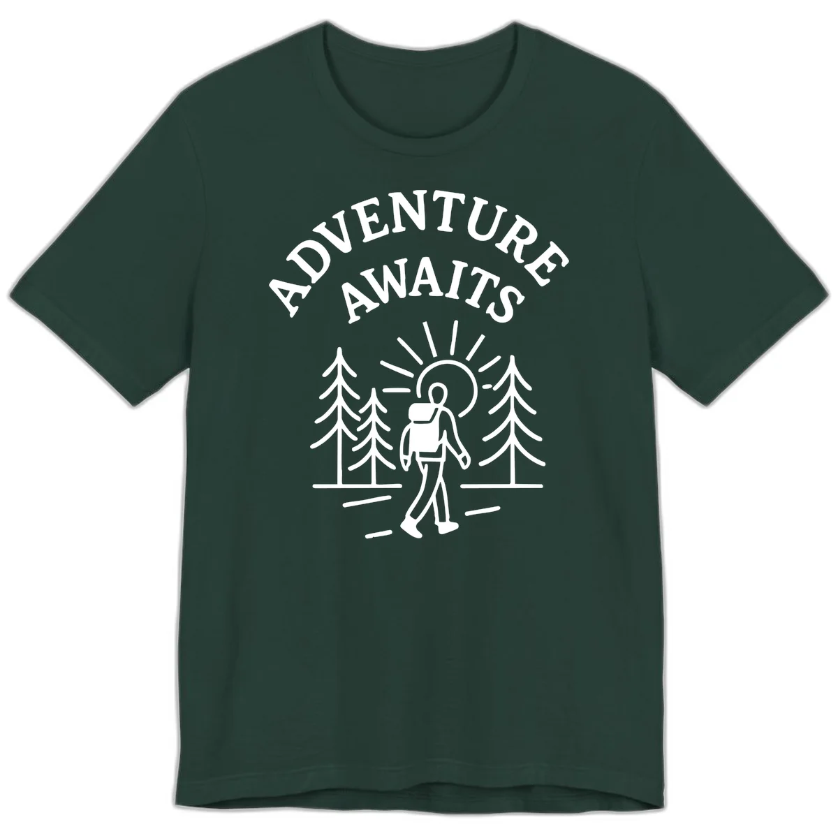 Minimalist line art of a hiker with backpack walking on a forest trail toward rising sun, with evergreen trees and 'Adventure Awaits' text. in Forest