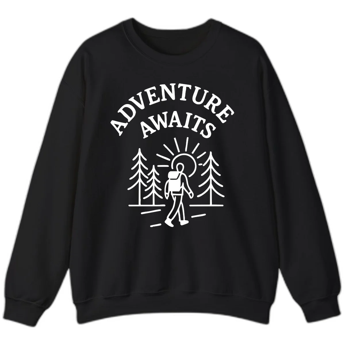 Minimalist line art of a hiker with backpack walking on a forest trail toward rising sun, with evergreen trees and 'Adventure Awaits' text. in Black