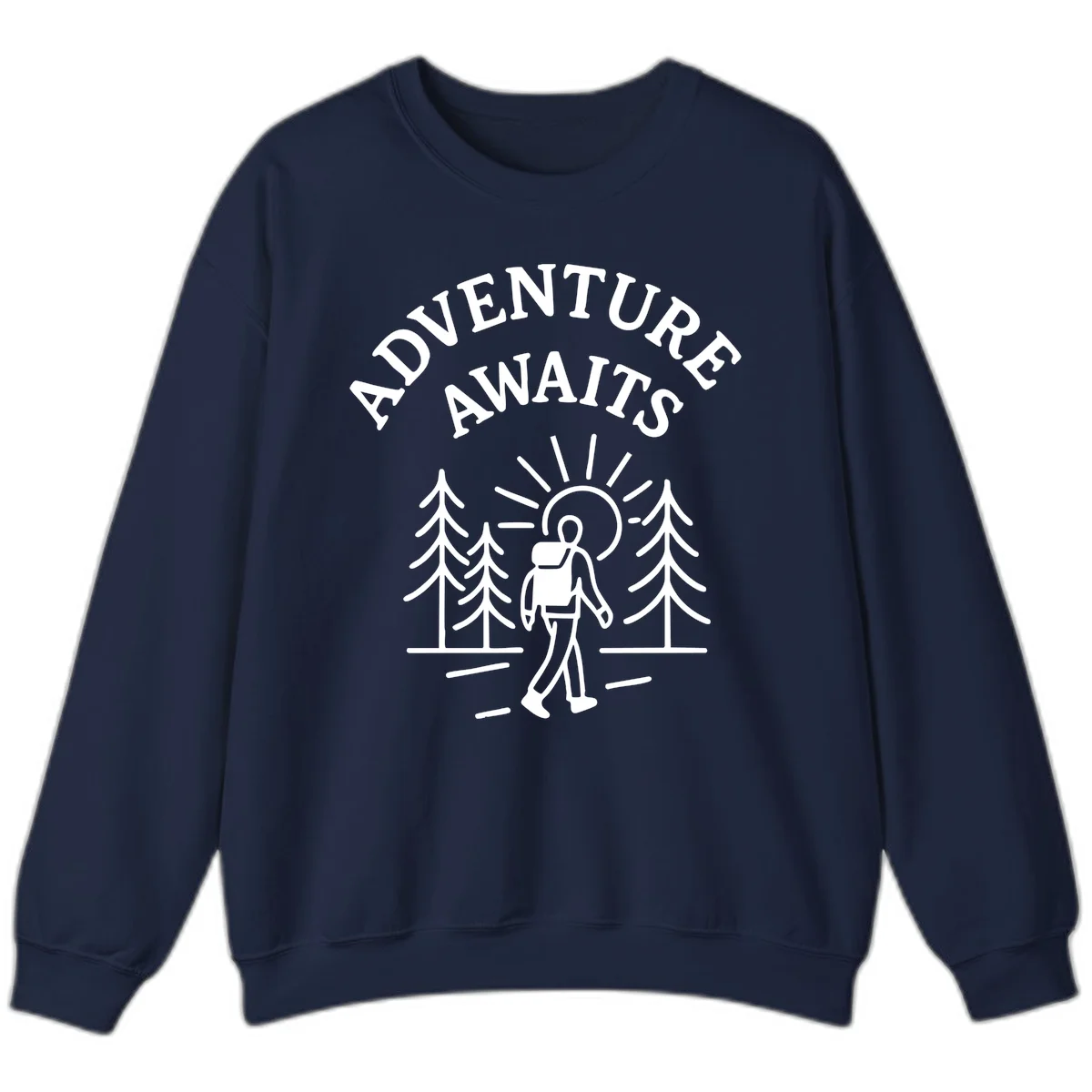 Minimalist line art of a hiker with backpack walking on a forest trail toward rising sun, with evergreen trees and 'Adventure Awaits' text. in Navy