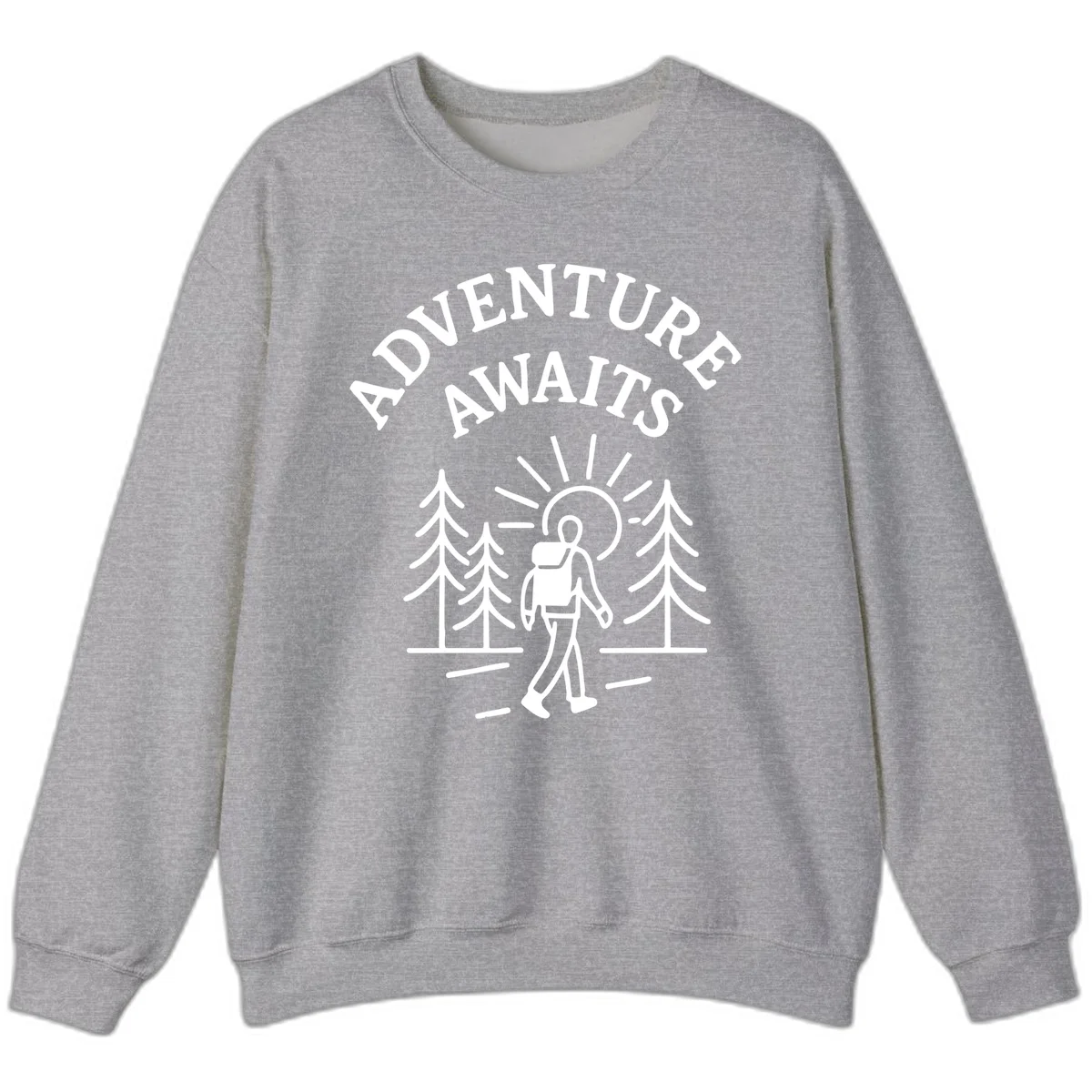 Minimalist line art of a hiker with backpack walking on a forest trail toward rising sun, with evergreen trees and 'Adventure Awaits' text. in Sport Grey