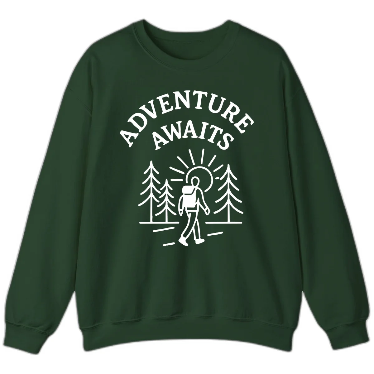 Minimalist line art of a hiker with backpack walking on a forest trail toward rising sun, with evergreen trees and 'Adventure Awaits' text. in Forest Green