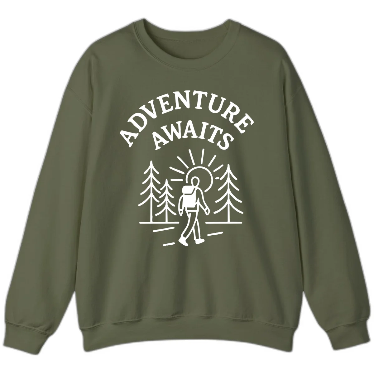 Minimalist line art of a hiker with backpack walking on a forest trail toward rising sun, with evergreen trees and 'Adventure Awaits' text. in Military Green