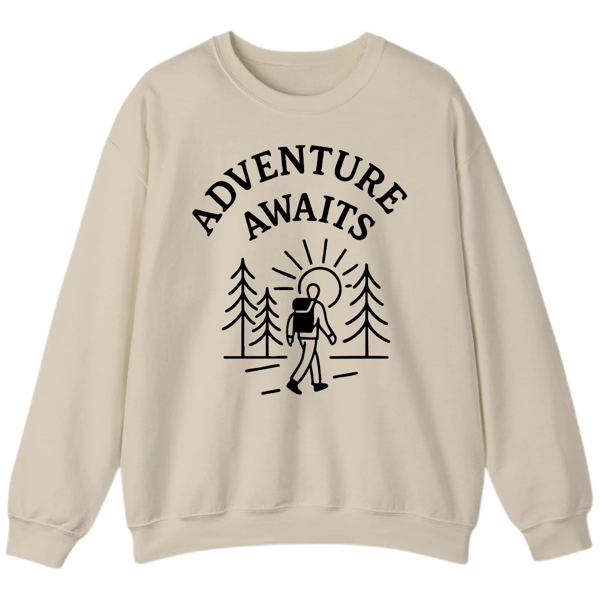 Minimalist line art of a hiker with backpack walking on a forest trail toward rising sun, with evergreen trees and 'Adventure Awaits' text. in Sand