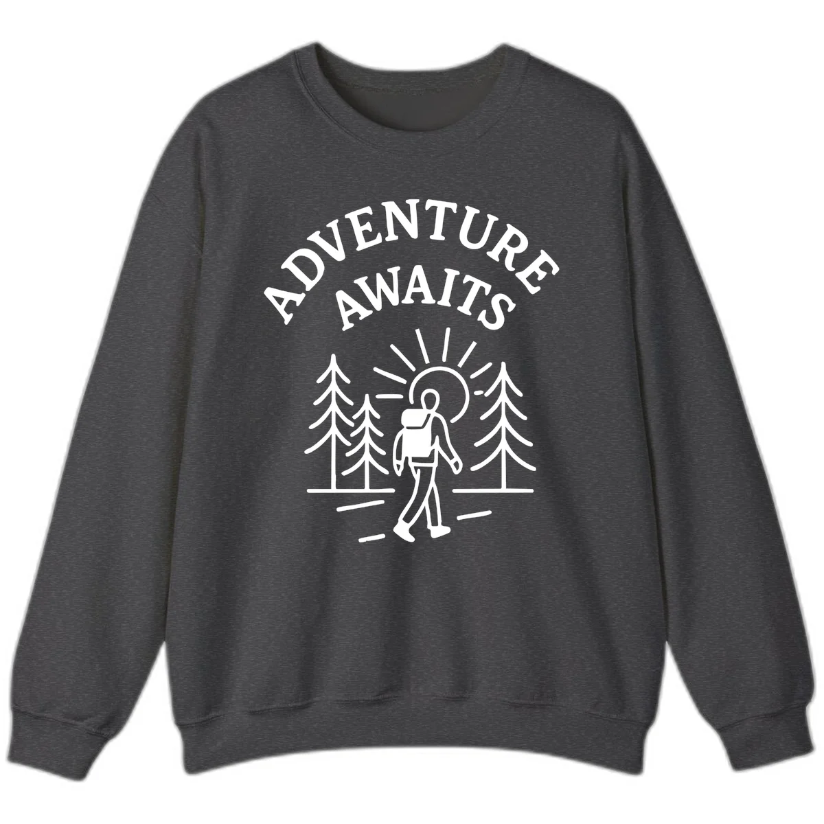 Minimalist line art of a hiker with backpack walking on a forest trail toward rising sun, with evergreen trees and 'Adventure Awaits' text. in Dark Heather