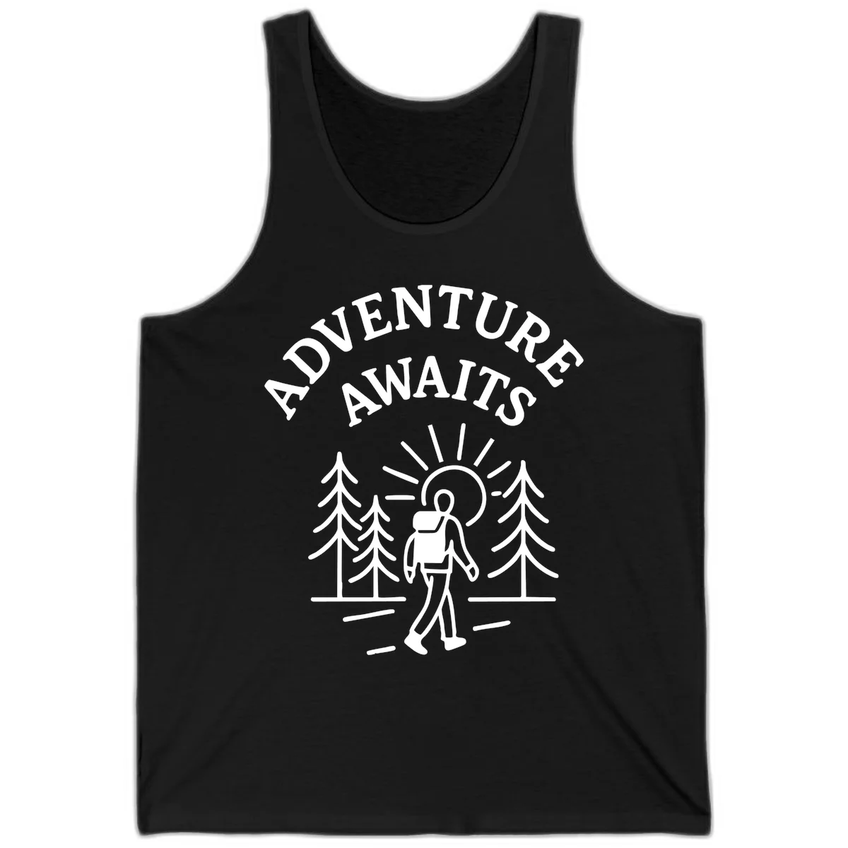 Minimalist line art of a hiker with backpack walking on a forest trail toward rising sun, with evergreen trees and 'Adventure Awaits' text. in Black