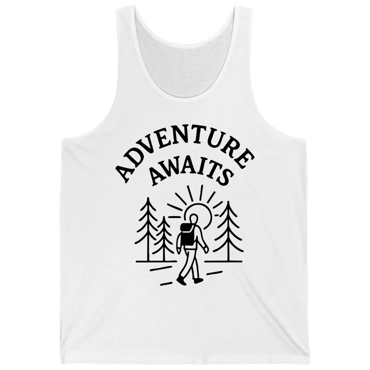 Minimalist line art of a hiker with backpack walking on a forest trail toward rising sun, with evergreen trees and 'Adventure Awaits' text. in White