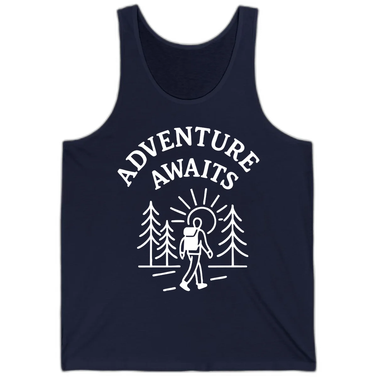 Minimalist line art of a hiker with backpack walking on a forest trail toward rising sun, with evergreen trees and 'Adventure Awaits' text. in Navy