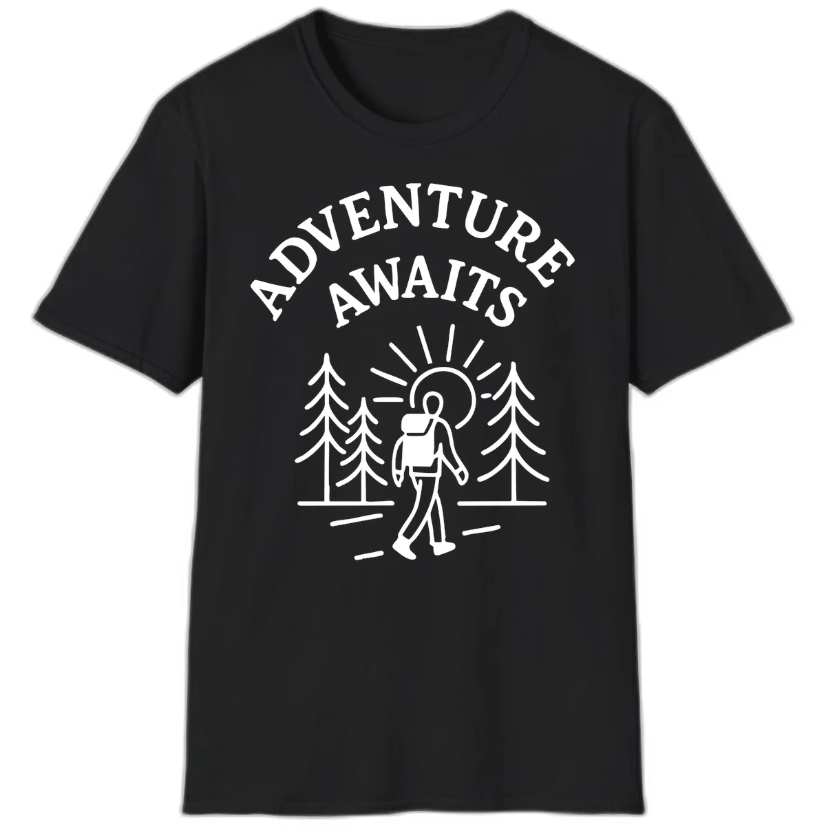 Minimalist line art of a hiker with backpack walking on a forest trail toward rising sun, with evergreen trees and 'Adventure Awaits' text. in Black