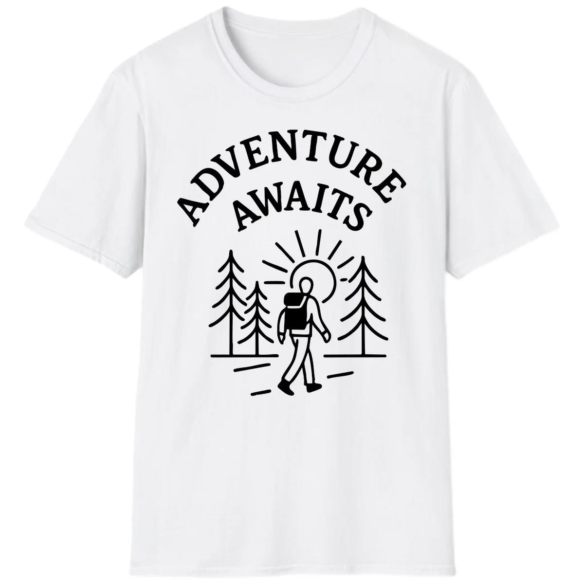 Minimalist line art of a hiker with backpack walking on a forest trail toward rising sun, with evergreen trees and 'Adventure Awaits' text. in White