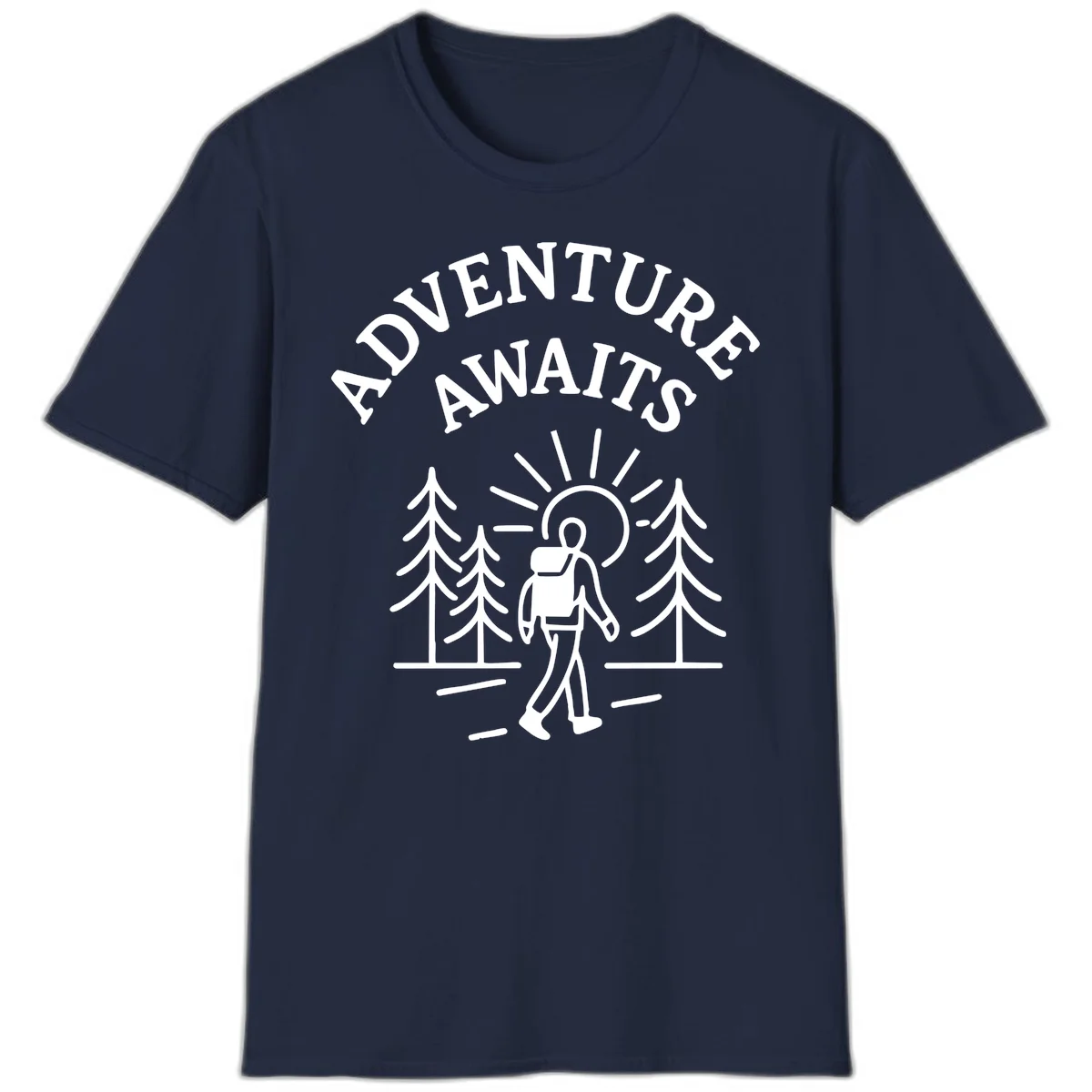 Minimalist line art of a hiker with backpack walking on a forest trail toward rising sun, with evergreen trees and 'Adventure Awaits' text. in Navy