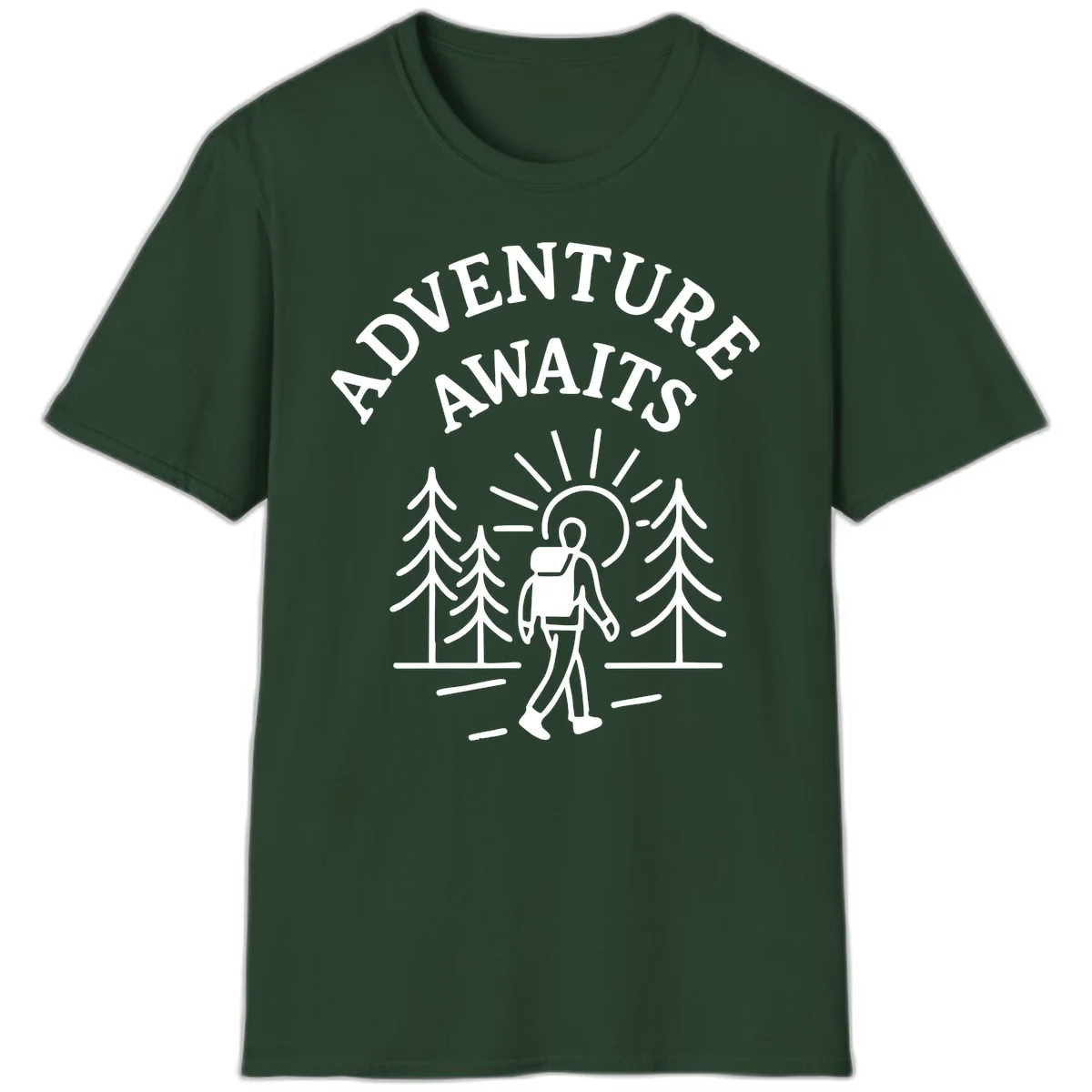 Minimalist line art of a hiker with backpack walking on a forest trail toward rising sun, with evergreen trees and 'Adventure Awaits' text. in Forest Green