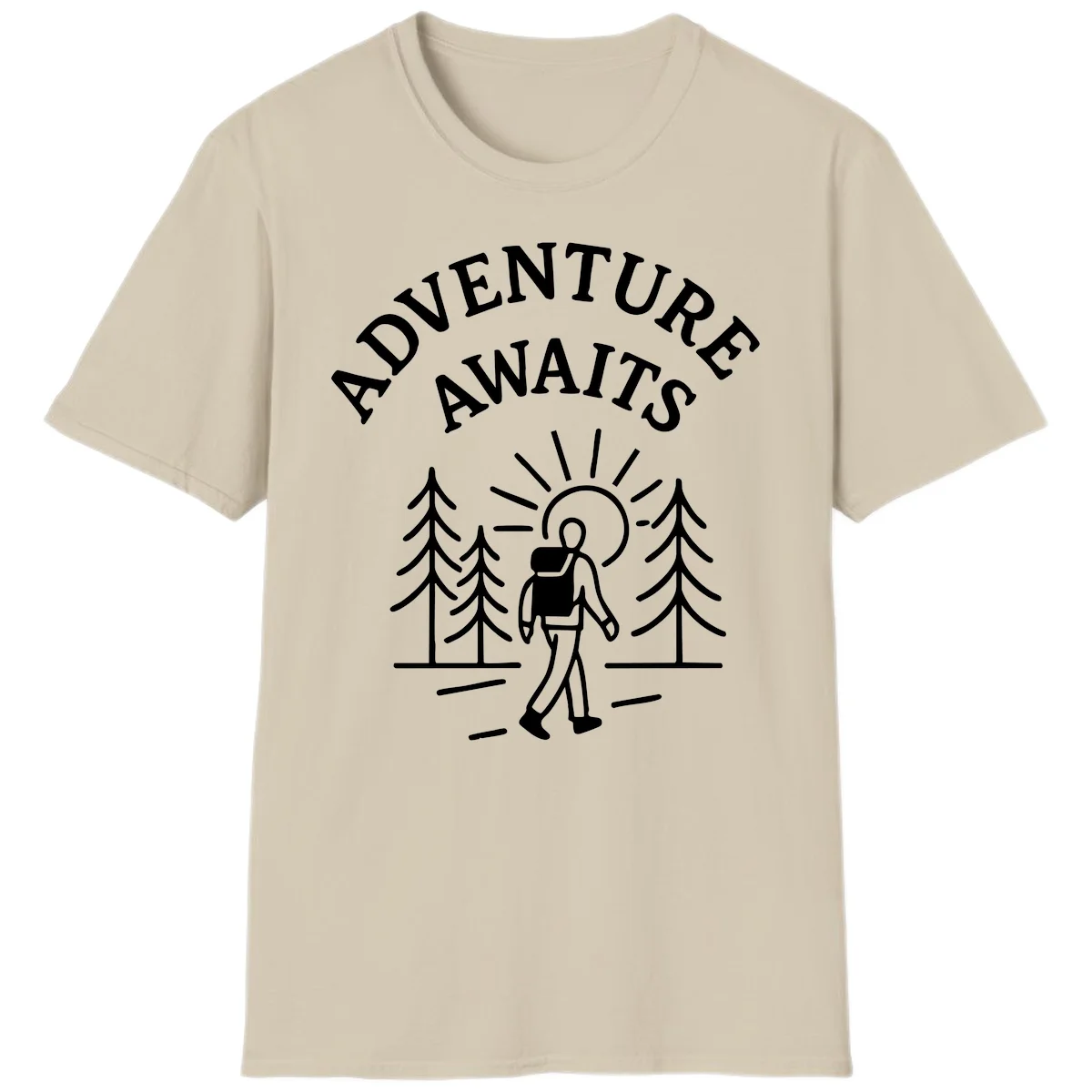 Minimalist line art of a hiker with backpack walking on a forest trail toward rising sun, with evergreen trees and 'Adventure Awaits' text. in Sand