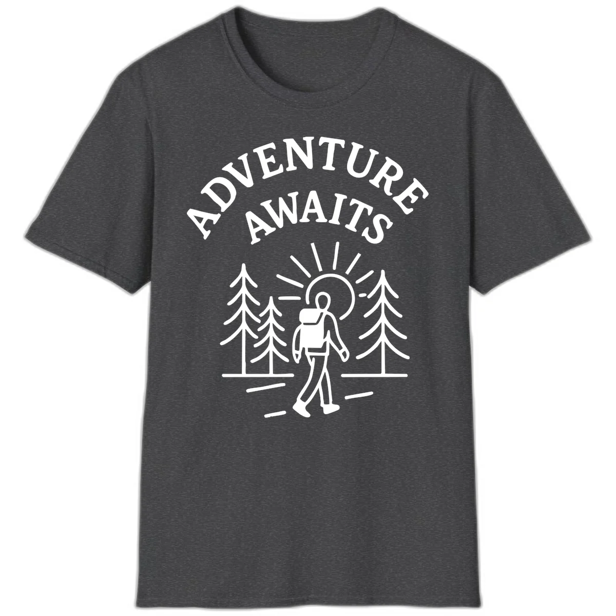 Minimalist line art of a hiker with backpack walking on a forest trail toward rising sun, with evergreen trees and 'Adventure Awaits' text. in Dark Heather