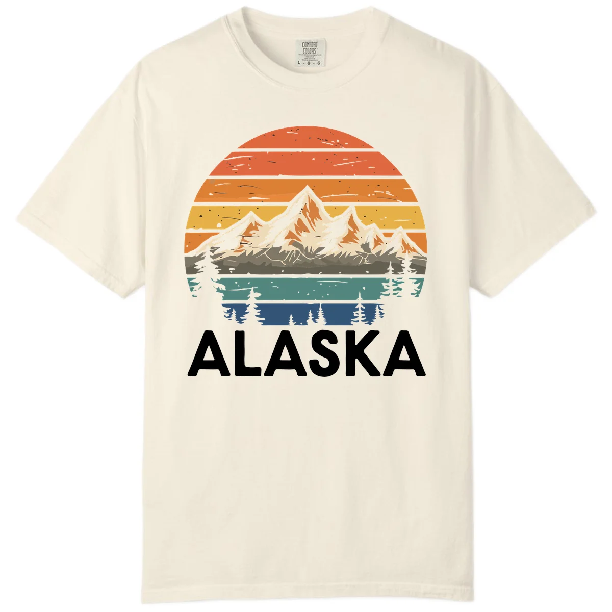 Retro layered landscape illustration of snow-capped Alaska mountains against warm sunset sky with forest silhouettes and pine trees below in Ivory