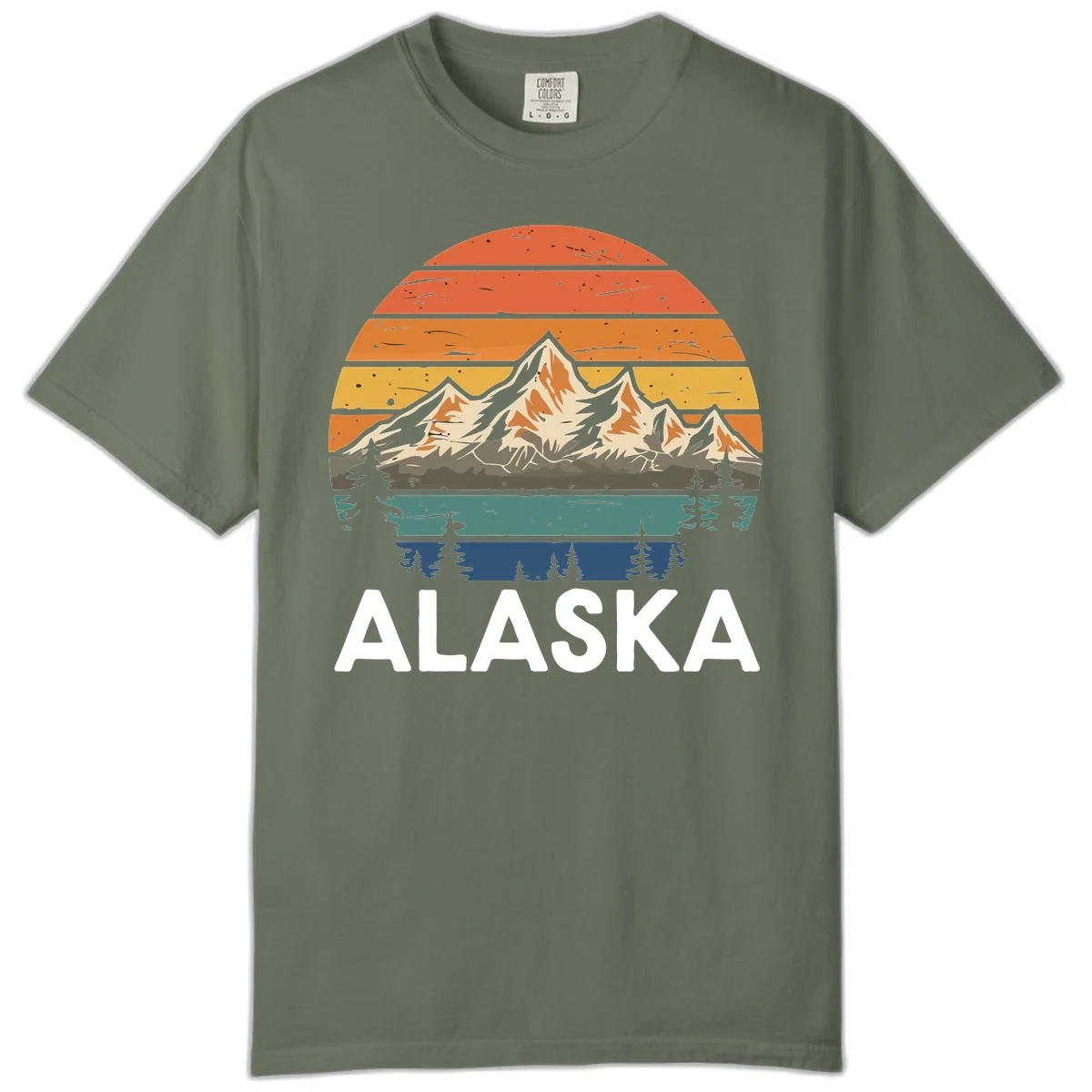 Retro layered landscape illustration of snow-capped Alaska mountains against warm sunset sky with forest silhouettes and pine trees below in Moss