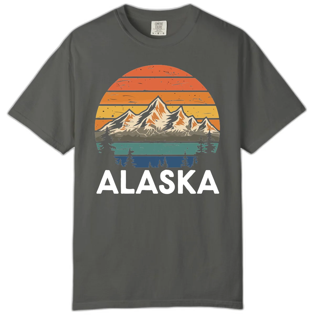 Retro layered landscape illustration of snow-capped Alaska mountains against warm sunset sky with forest silhouettes and pine trees below in Pepper