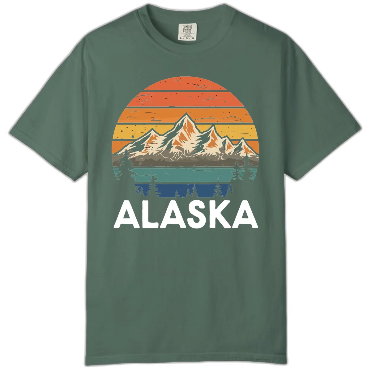 Retro layered landscape illustration of snow-capped Alaska mountains against warm sunset sky with forest silhouettes and pine trees below in Blue Spruce