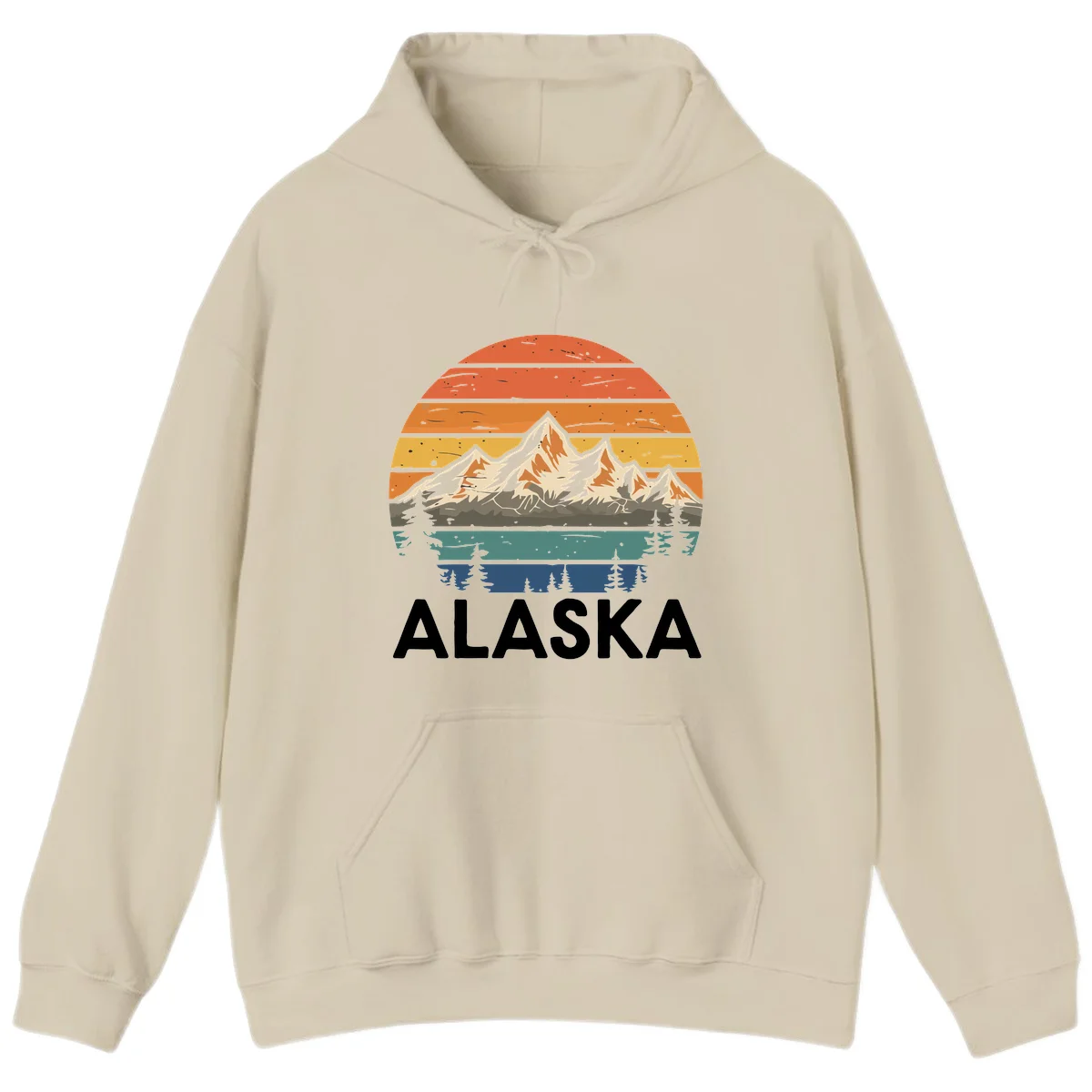 Retro layered landscape illustration of snow-capped Alaska mountains against warm sunset sky with forest silhouettes and pine trees below in Sand