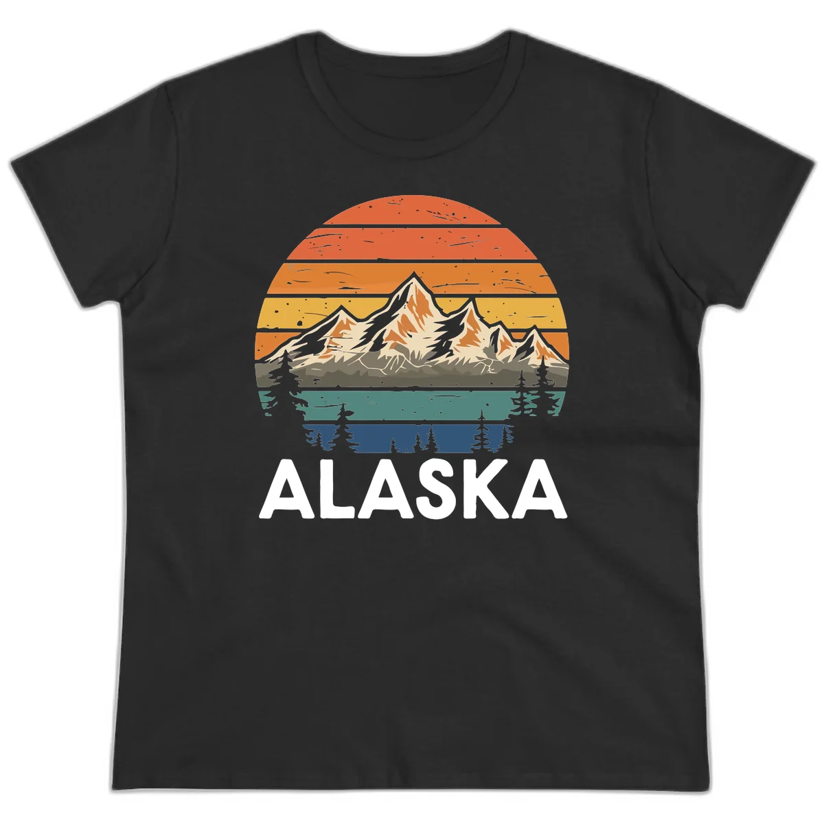 Retro layered landscape illustration of snow-capped Alaska mountains against warm sunset sky with forest silhouettes and pine trees below in Black