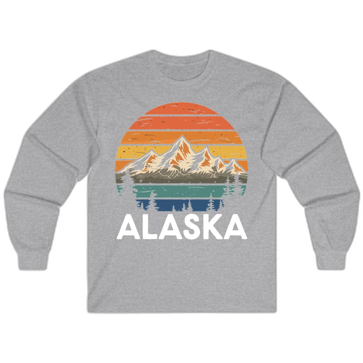 Retro layered landscape illustration of snow-capped Alaska mountains against warm sunset sky with forest silhouettes and pine trees below in Sport Grey