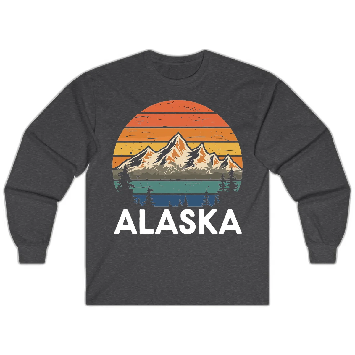 Retro layered landscape illustration of snow-capped Alaska mountains against warm sunset sky with forest silhouettes and pine trees below in Dark Heather