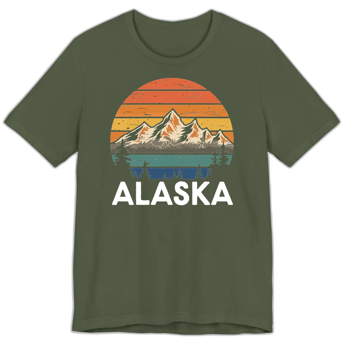 Retro layered landscape illustration of snow-capped Alaska mountains against warm sunset sky with forest silhouettes and pine trees below in Military Green