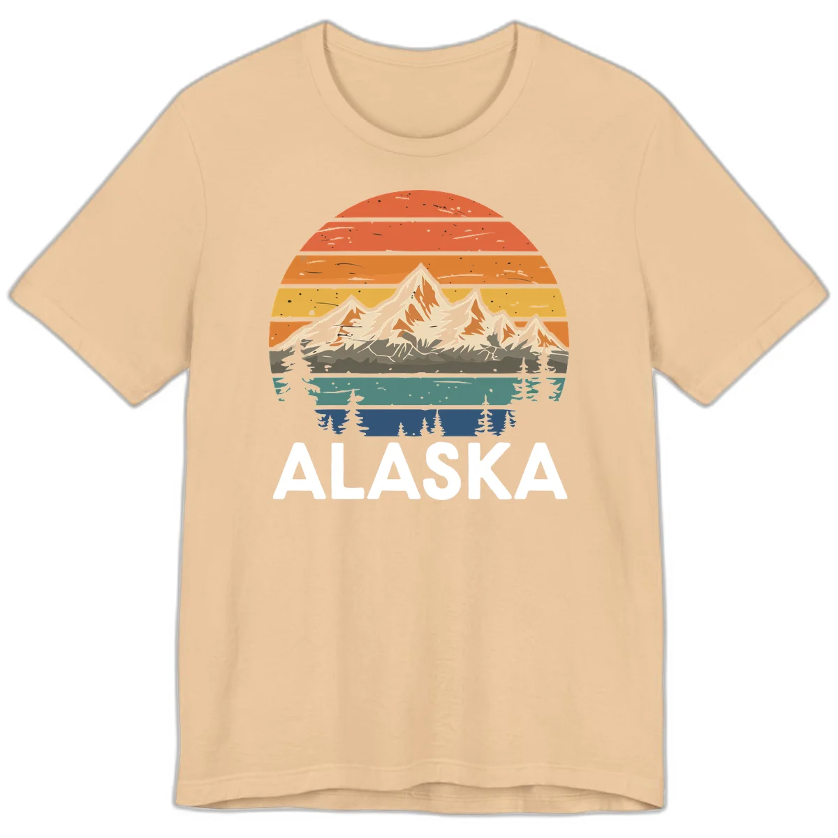 Retro layered landscape illustration of snow-capped Alaska mountains against warm sunset sky with forest silhouettes and pine trees below in Sand Dune