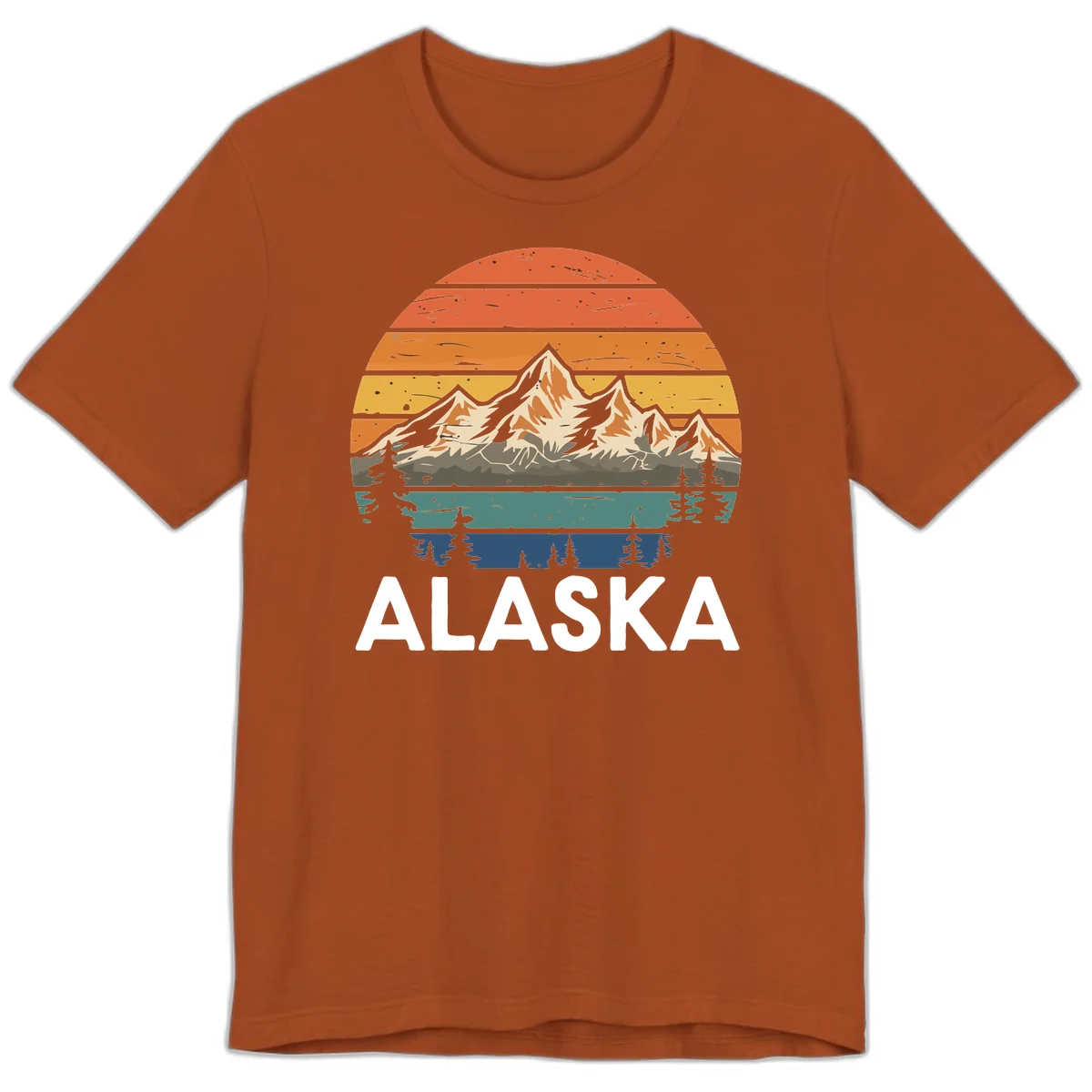 Retro layered landscape illustration of snow-capped Alaska mountains against warm sunset sky with forest silhouettes and pine trees below in Autumn