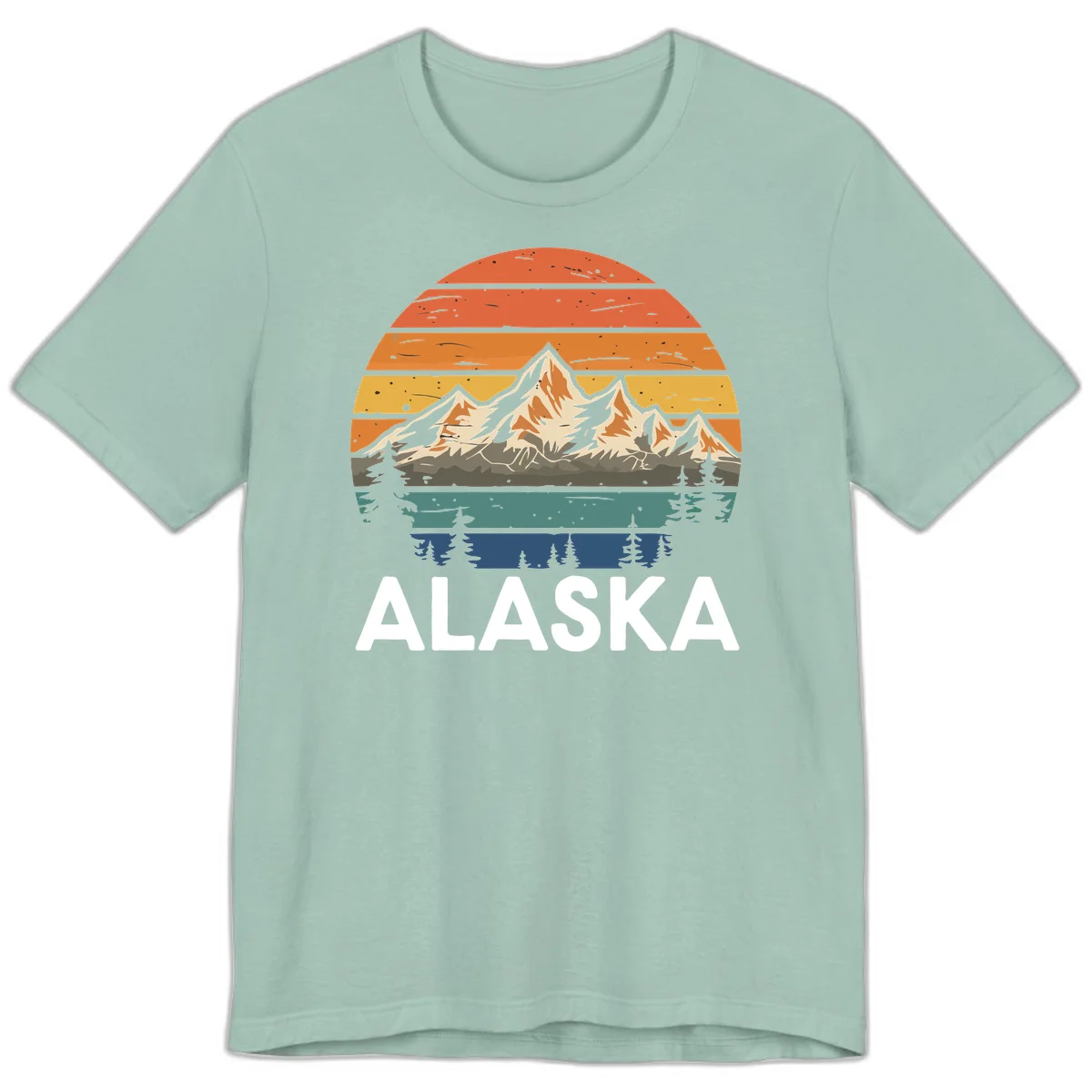 Retro layered landscape illustration of snow-capped Alaska mountains against warm sunset sky with forest silhouettes and pine trees below in Dusty Blue