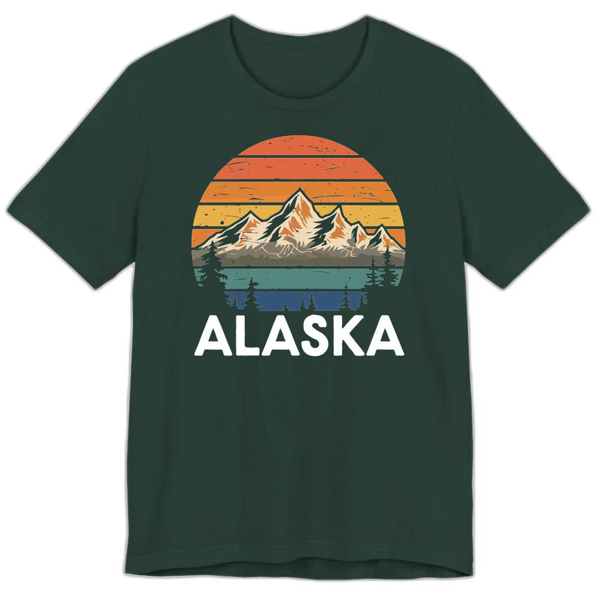 Retro layered landscape illustration of snow-capped Alaska mountains against warm sunset sky with forest silhouettes and pine trees below in Forest