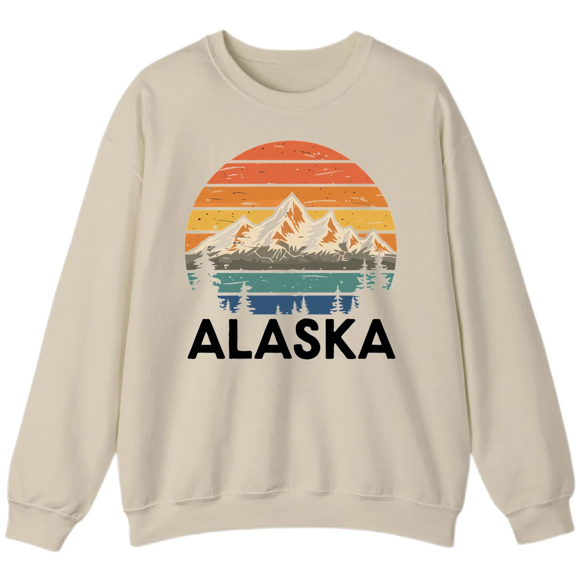 Retro layered landscape illustration of snow-capped Alaska mountains against warm sunset sky with forest silhouettes and pine trees below in Sand